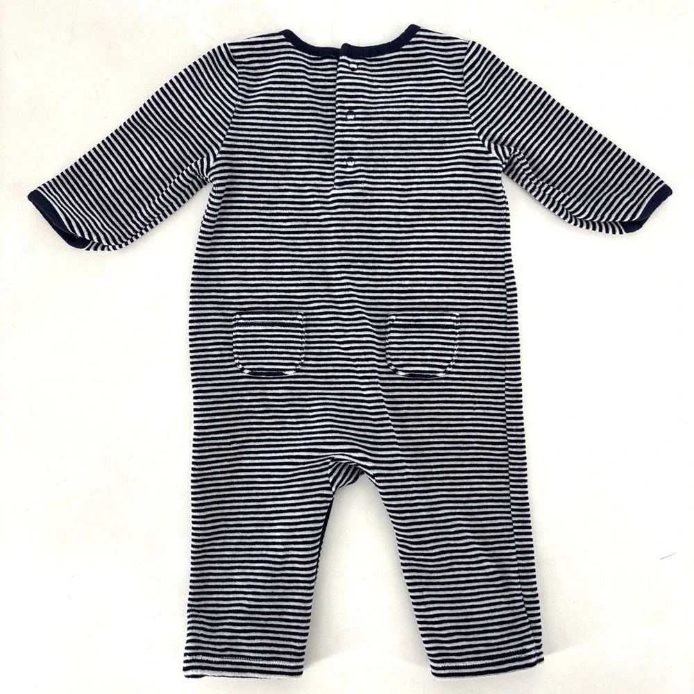 Janie‎ & Jack Velvet Striped One Piece Romper Size 3/6 Months Boys Bear Pocket